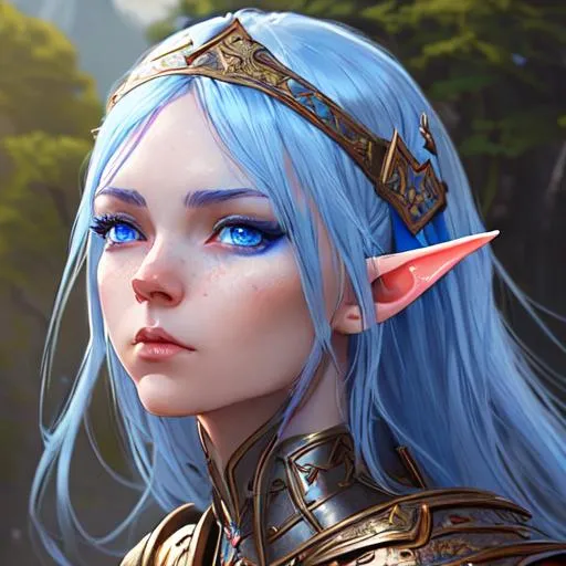 Prompt: A girl with beautiful blue skin, elf ears, blue eyes, beautiful d&d character portrait, dark fantasy, detailed, realistic face, digital portrait, intricate armor, fiverr dnd character, wlop, stanley artgerm lau, ilya kuvshinov, artstation, hd, octane render, hyperrealism, beautiful fantasy landscape, realistic and natural, cosmic sky, detailed full-color, nature, hd photography, fantasy by john stephens, galen rowell, david muench, james mccarthy, hirō isono, realistic surrealism, elements by nasa, magical, detailed, alien plants, gloss, hyperrealism,
 anime character, background digital painting, digital illustration, extreme detail, digital art, ultra hd, vintage photography, beautiful, tumblr aesthetic, retro vintage style, hd photography, hyperrealism, extreme long shot, telephoto lens, motion blur, wide angle lens, deep depth of field, warm, anime Character Portrait, Symmetrical, Soft Lighting, Reflective Eyes, Pixar Render, Unreal Engine Cinematic Smooth, Intricate Detail, anime Character Design, Unreal Engine, Beautiful, Tumblr Aesthetic,  Hd Photography, Hyperrealism, Beautiful Watercolor Painting, Realistic, Detailed, Painting By Olga Shvartsur, Svetlana Novikova, Fine Art