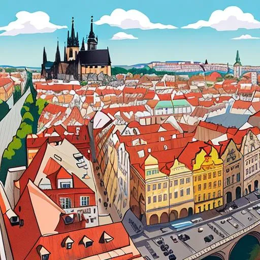 Prompt: prague city, illustration, in the style of katinka reinke