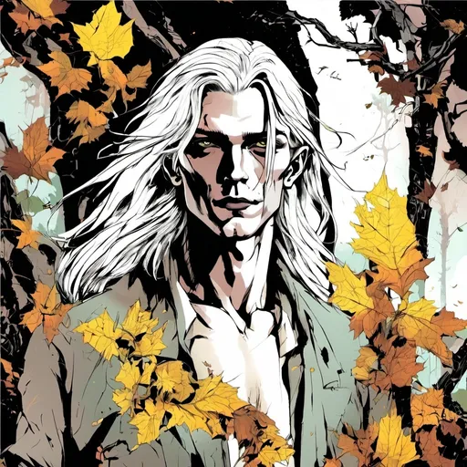 Prompt: A creature is standing in the forest. He looks like a handsome, young man, but he has [very pale skin], [yellow eyes], [black lips] and [extremely long, grey hair, with some leaves stuck in it]. He is wearing a white peasant shirt.