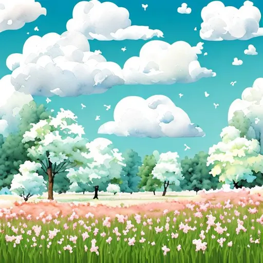 Prompt: paint a watercolour painting with one cherry tree in pink, pale blue sky and white a couple of clouds, pastel green tones for the grass. A couple picnicing. Create a high pixel quality spring scene in nature using the items mentioned in the previous sentence. 
