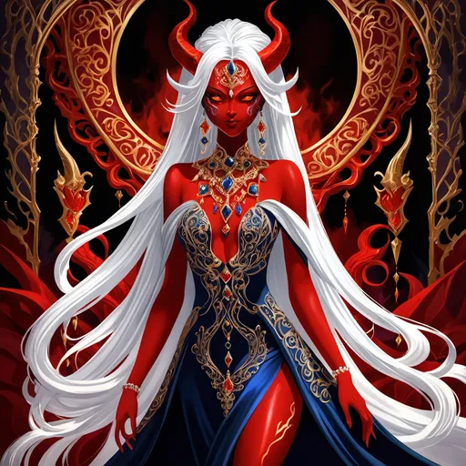 Prompt: Female demon, striking red skin, flowing white hair, adorned in lavish, intricate royal attire, exuding an air of power and elegance, adorned with ornate jewelry and accessories, set against a dramatic, shadowy background, evoking a sense of mystique and allure, high detail, vibrant colors, fantasy realm ambiance.