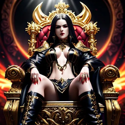 Prompt: Bloody Vampire demon queen sitting in her throne, Highly Detailed, Hyperrealistic, sharp focus, Professional, UHD, HDR, 8K, Render, HD, Trending on ArtStation, Front view, Canon, 24mm, Sun rays, dark, gray, Hell, gold, Lucifer, close up, blood, bloody, female
