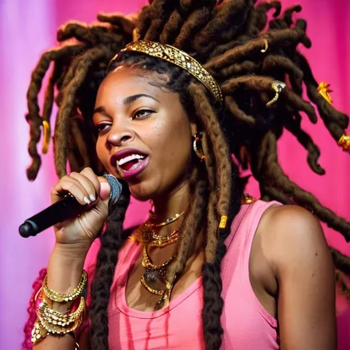 Prompt: A gorgeously beautiful black woman with curly dreads standing at the mic singing. She wears a pink dress and heels. She wears gold and diamond jewelry.