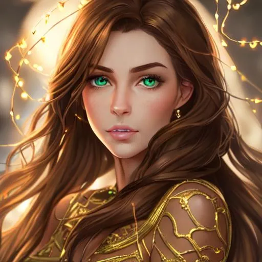 Prompt: High quality woman with photorealistic face and green eyes with brown hair and tan eyes, is the romantic heroine and has a golden glowing string 