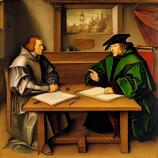 Prompt: Albrecht Dürer and Martin Luther sitting at a table and discussing, painting by Hans Holbein