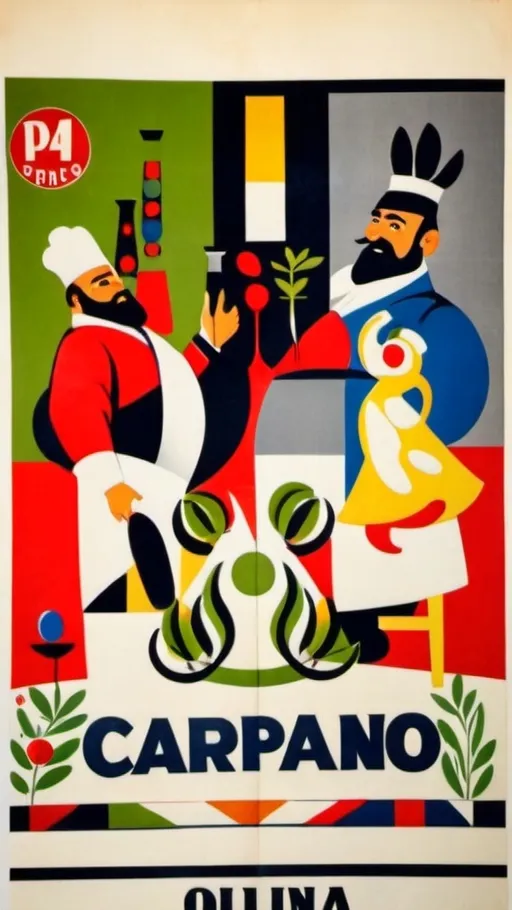 Prompt: (vintage Italian olive oil poster), (Armando Testa style), vibrant color palette, bright primary colors, bold geometric shapes, playful composition, nostalgic ambiance, smooth textures, warm sunlight, rustic olive branches, classic typography, eye-catching design, inviting atmosphere, ultra-detailed, high resolution.