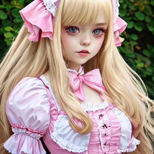 Prompt: Girl, long blonde hair, white skin, pink lolita dress, pastel makeup