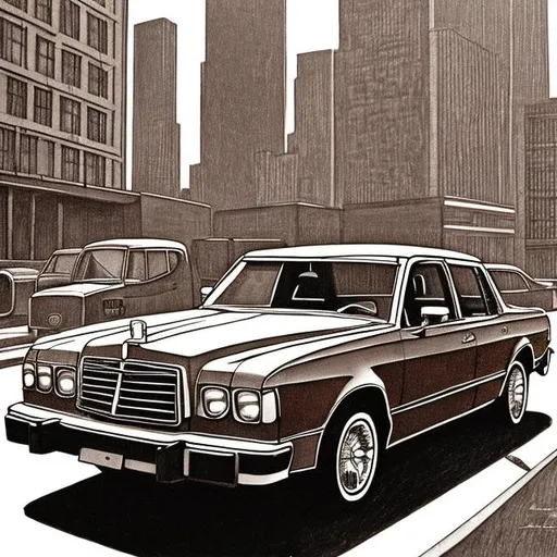 Prompt: Old car, big city, 1980, drawing, brown monotone