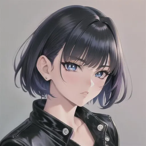 Prompt: 90s anime style, detailed, intricate face, portrait, detailed eyes, gentle tones, 90s tones, 90s era, 1girl, beautiful woman, wearing black jacket, short hair, blue hair, black pupil's 