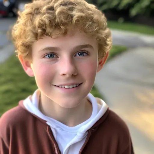 Prompt: 8 year old boy, tall, white, green eyes, tall,  rosy cheeks, curly blonde hair
