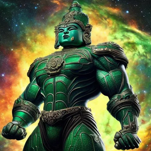 Prompt: emerald armored bodybuilding buddha, widescreen, infinity vanishing point, spiral galaxy nebula background