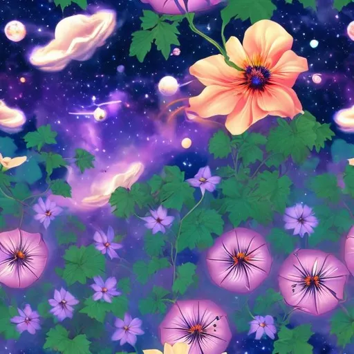 Prompt: Moody morning glories in outer space in the style of Lisa frank