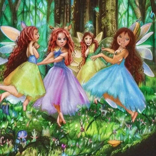Prompt: fairies dancing in a magical forest
