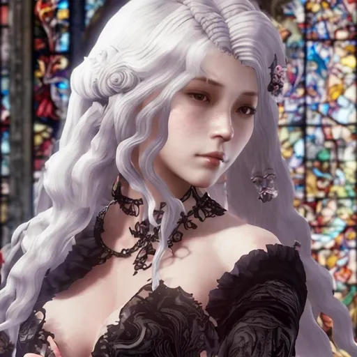 Prompt: beautiful woman with long silver hair, wearing a frilly black dress, in a dark room with skulls and stained glass windows, style of Koei Tecmo
