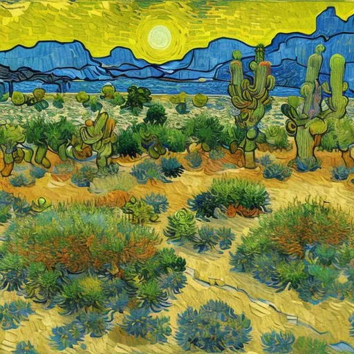 Prompt: Oasis on a desert in Van Gogh style