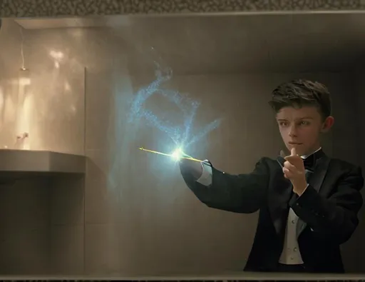 Prompt: 13 year old boy in a tuxedo casting a crazy magic spell from the outside of a bathroom stall with his magic wand, but the spell he cast happens on the inside of the bathroom stall because he cast the spell on the person inside who is warring a T shirt 