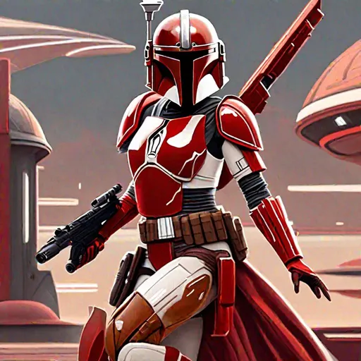 Prompt: Full figure whole body. a female mandalorian warrior in red and white armor. start wars art. she helds a rifle. action pose. a star-port in background. 2d art. 2d.