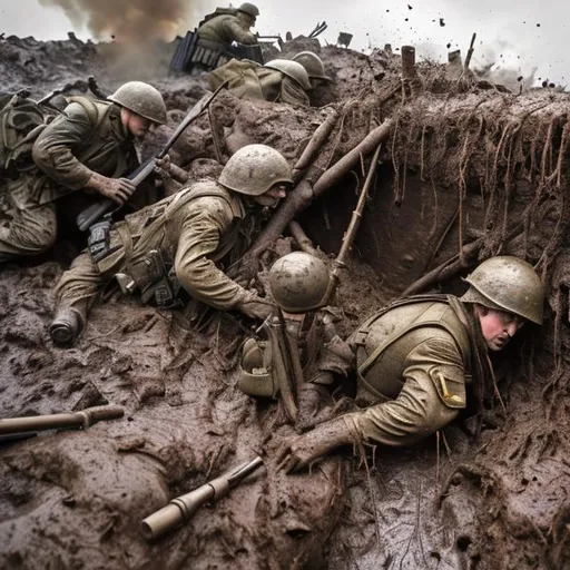 Prompt: A muddy Ukrainian trench with Ukrainian soldiers fighting off a push of Russian troops with explosions in the background and deaths while a machine gunner is firing in the trench