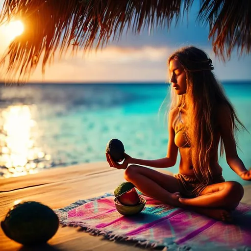 Prompt: a beautiful  hippie girl meditating in a beach holding an avocado smoothie at sunset in maldives near a beach hut called "down to earth"