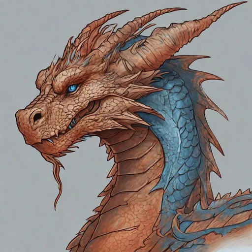 Prompt: Concept design of a dragon. Dragon head portrait. Side view. Coloring in the dragon is predominantly rusty-red with blue streaks and details present.