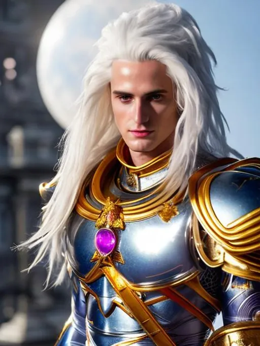 Prompt: Fulgrim, warhammer 30000, hyperrealistic, white hair, purple and white armor, golden sword, handsome, hyperdetailed, glowing halo, golden chothes, young