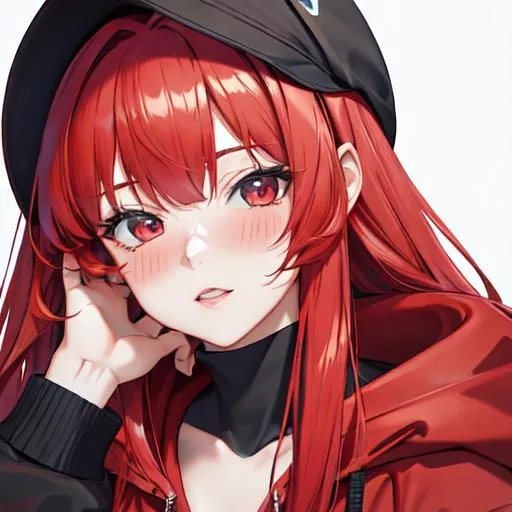 Prompt: Haley (bright red hair) blushing, 8k, UHD, highly detailed, best quality, wearing an oversized hoodie