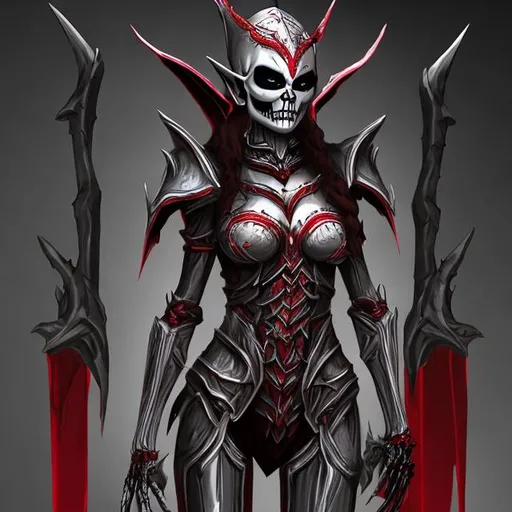 Prompt: Skeleton elf  woman red and gray full set armor 