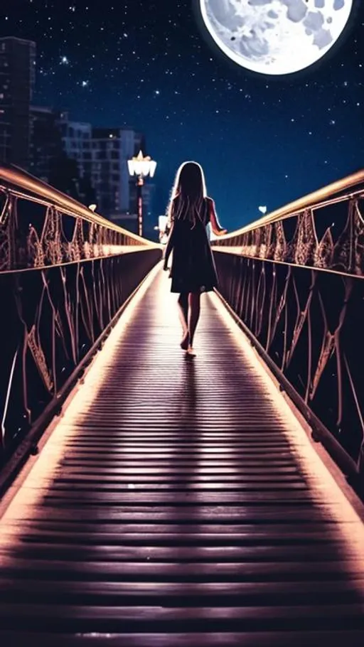 Prompt: A girl walking on a bridge midnight moonlight