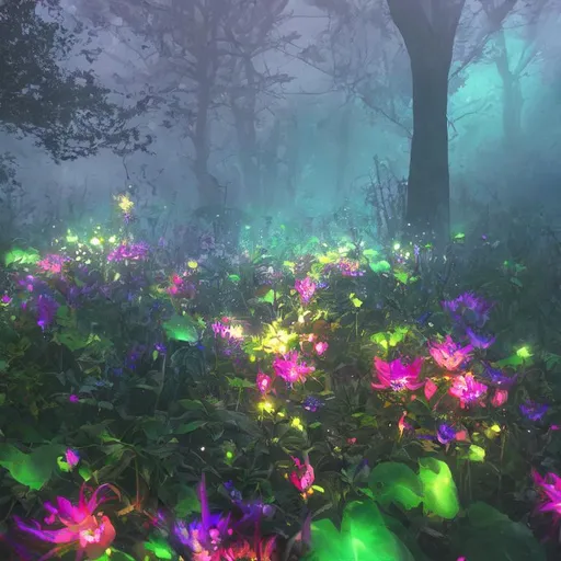 Prompt: fluorescent flora in a nighty wild garden, evil atmosphere, misty aura