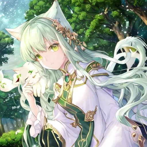 Prompt: Lumi, cat, Female, Emerald eyes, soft silken fur, 4 seasons, one tree in central background