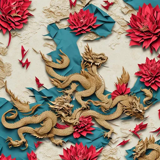 Prompt: Rich Color Palette with origami chinese dragon Intricate Paper Art, Infuse the backdrop with traditional Chinese motifs such as the dragon, phoenix, lotus, bamboo, or the Chinese knot