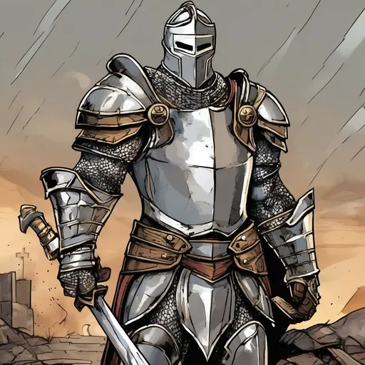 Prompt: Art style is apocalyptic comic book as in the Marvel comic books but a bit more realistic. A noble knight wearing armor and looking beat up.  Arms are in A position. 

