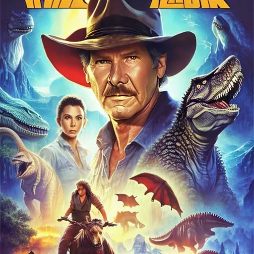 Prompt: {Drew Struzan movie poster} starring Harrison Ford for 'Indiana Jones in the Valley of Dinosaurs', accurate face, accurate costumes, T-Rex, HD, hyper realistic, 8K --s98500