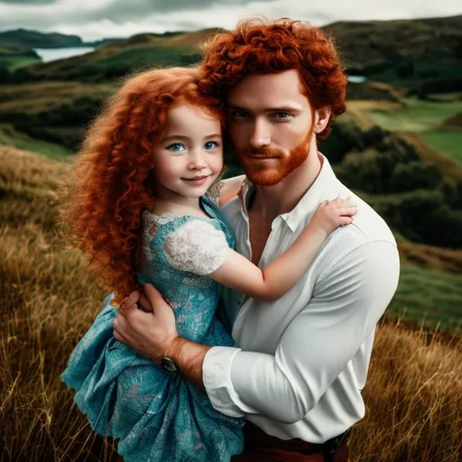 Prompt: Red-haired man with blue eyes, hugging a little girl, red curly hair,clothes from 18th century, scotland landscape ,analog filter, perfect composition, hyperrealistic, super detailed, 8k, high quality, trending art, trending on artstation, sharp focus, intricate details, highly detailed