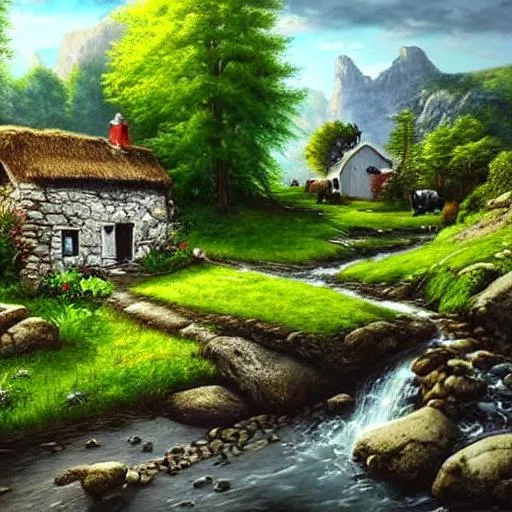 Prompt: 3D hyper realistic quaint looking farm cottage at the bottom of a rock precipice, slick textured looking oil painting, cinematic, picturesque looking vegetation, a small stream running by the house, a small black and white cow off in the back of the picture drinking from the stream, a nice sunny spring day 
