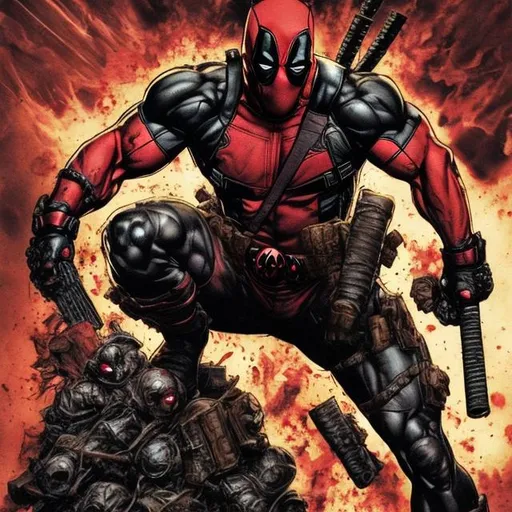 Prompt: Deadpool spawn variant. muscular. dark gritty. Bloody. Hurt. Damaged. Accurate. realistic. evil eyes. Slow exposure. Detailed. Dirty. Dark and gritty. Post-apocalyptic. Shadows. Sinister. Intense. 