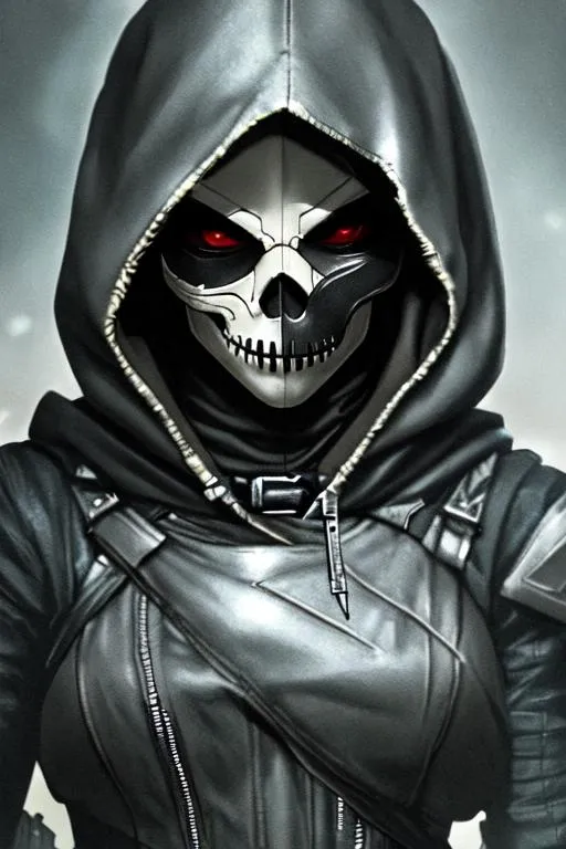 Prompt: sci-fi rogue. with hood and skull mask. Close up. Dark. Dystopian. Photorealistic.
