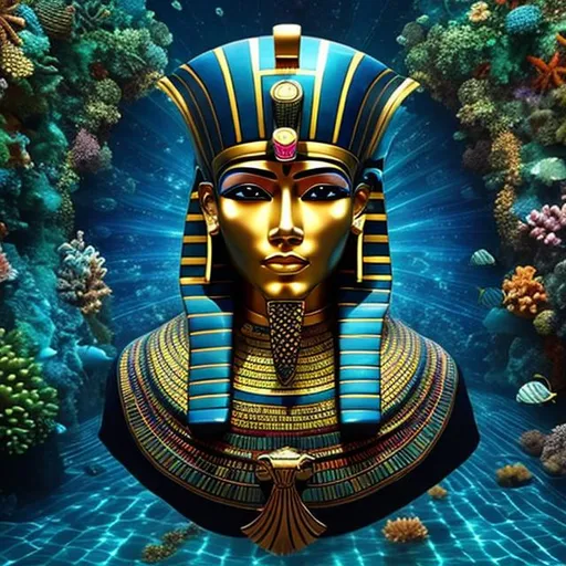 Prompt: a man who lives under the sea with a very odd hat.detailed. Create a detailed illustration of the King Tut mask, made of solid gold with a serene expression, almond-shaped eyes outlined in black, and a nemes headdress with a cobra emblem. The forehead features a vulture and a cobra forming a protective arch, while the neck is decorated with a broad collar with a falcon-headed scarab. The ears have gold earrings with a hoop and a uraeus. The illustration should capture the opulence and grandeur of the pharaoh.