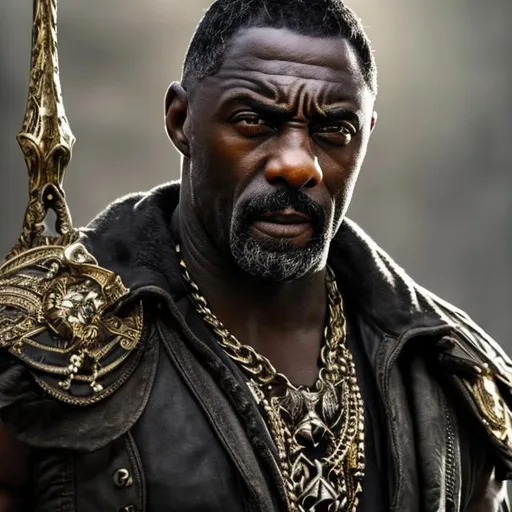 Prompt: idris elba, detailed eye patch, detailed face, muscular, white toga, gold jewelery, gothic
