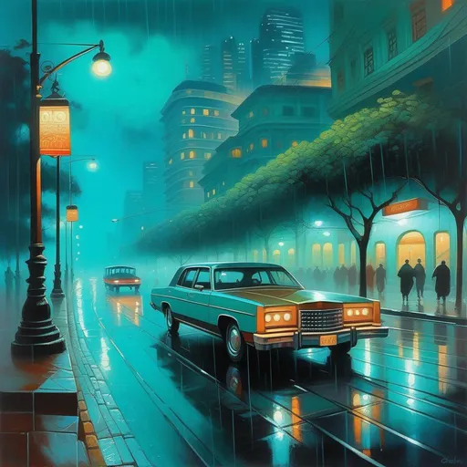 Prompt: Downtown São Paulo at night, creepy, rain, fog, cold teal atmosphere, cartoony style, extremely detailed painting by Greg Rutkowski and by Henry Justice Ford and by Steve Henderson 


