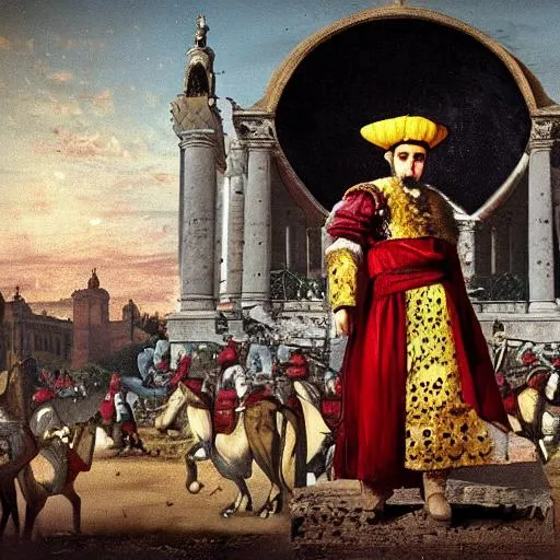 Prompt: Suleiman the magnificent is conquering the Rome
