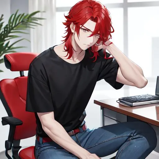 Prompt: Zerif 1male (Red side-swept hair covering his right eye) upset, sad, sitting at his desk, wearing a black shirt, wearing denim pants, UHD, 8K, highly detailed