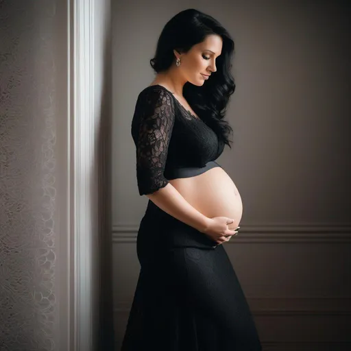 Prompt: pregnant woman, well endowed, bare midriff, goth, lace gown photography,