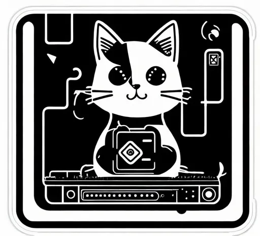 Prompt: single Die-cut sticker, Cute kawaii { cat plays a modular synth} sticker, white background, illustration minimalism, vector, 