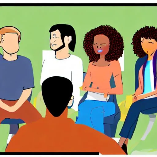 Prompt: A picture (animation) of a group of people having a forum discussion with each other from online application. Use color sage, blue, and peach