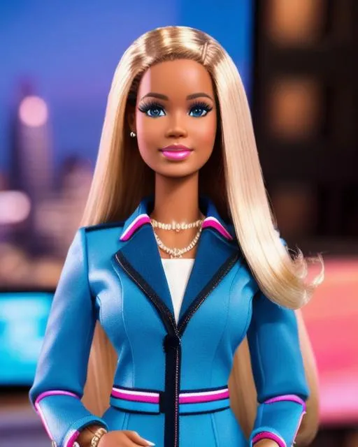 Prompt: RAW photo, a highly detailed photo of a news anchor barbie doll in a news presenter outfit, mix of Gwyneth Paltrow and a Ghanaian woman and kim Kardashian, detailed saran hair, plastic skin, background is a newsroom tv studio, segmented model, mattel barbie aesthetic, made of plastic, segmented doll, big thick botox lips, open suit jacket, push up blouse, mini skirt, newsroom decorations, pale gold accent, ultra detailed, 8k uhd, dslr, soft lighting, high quality, film grain