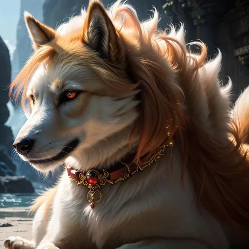 Prompt: 8k, 3D, UHD, masterpiece, epic oil painting, best quality, photograph, artstation, hyper realistic, perfect composition, zoomed out view of character, Portrait of a (beautiful Ninetales), {canine quadruped}, thick glistening gold fur, deep sinister {crimson eyes}, ageless, lives a thousand years, wearing a beautiful (silky scarlet and gold scarf), thick white mane with fluffy golden crest, golden fur lighlights, studio lighting, animated, sharp focus, intricately detailed fur, sharp detailed eyes, beautifully detailed face, highly detailed starry sky with pastel pink clouds, ambient golden light, nine beautiful tails with pale orange tips, insanely beautiful, symmetric, sharp focus, professional, unreal engine, high octane render, highly detailed mouth, Yuino Chiri
