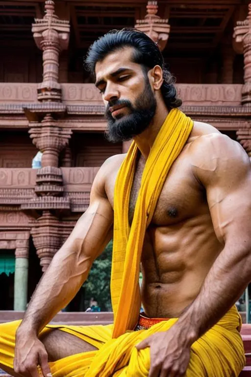 Prompt: a side portrait of rugged hyperreal, tall, ripped, muscular, lost in god, hypermasculine, People in the crowd are hypnotised, brahmin, charming, delhi hunk, closed eyes, sitting, meditating, yellow indian dhoti, with very hairy chest and armpits ,in the middle of a ""mammoth temple, detailed, hyperreal, huge, blissful"", arena, perfect composition, hyperrealistic, super detailed, 8k, high quality, trending art, trending on artstation, sharp focus, studio photo, intricate details, highly detailed, by greg rutkowski

