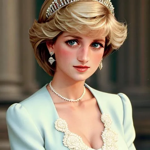 Prompt: Princess Diana- sophisticated fashion sense. She poses in a chic, tailored outfit, exuding a sense of effortless style, stunning beauty and capturing every intricate detail of her impeccable ensemble. Facial closeup