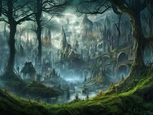Prompt: City, realistic,.ultra hd, hyper realistic, forest, elves, futuristic, magical